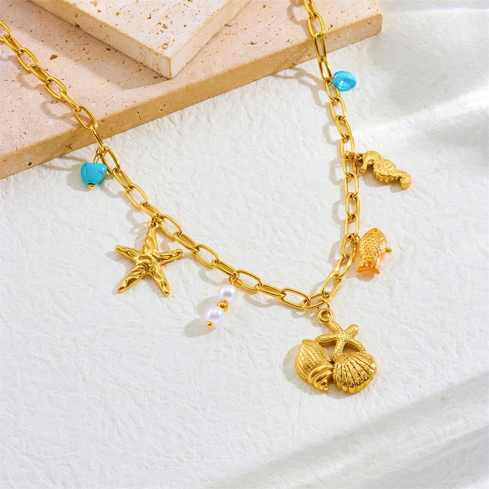 DIEYURO 316L Stainless Steel Sea Shell Starfish Conch Multiple Pendant Necklace For Women New Fashion Neck Chain Jewelry Gift