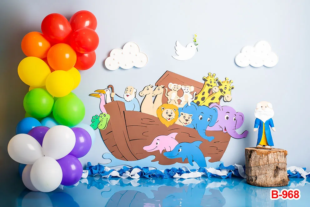 Cartoon Noah\'s Ark Photography Background Wild Safari Animals Baby Shower Kid Birthday Party Backdrop Photo Studio Prop