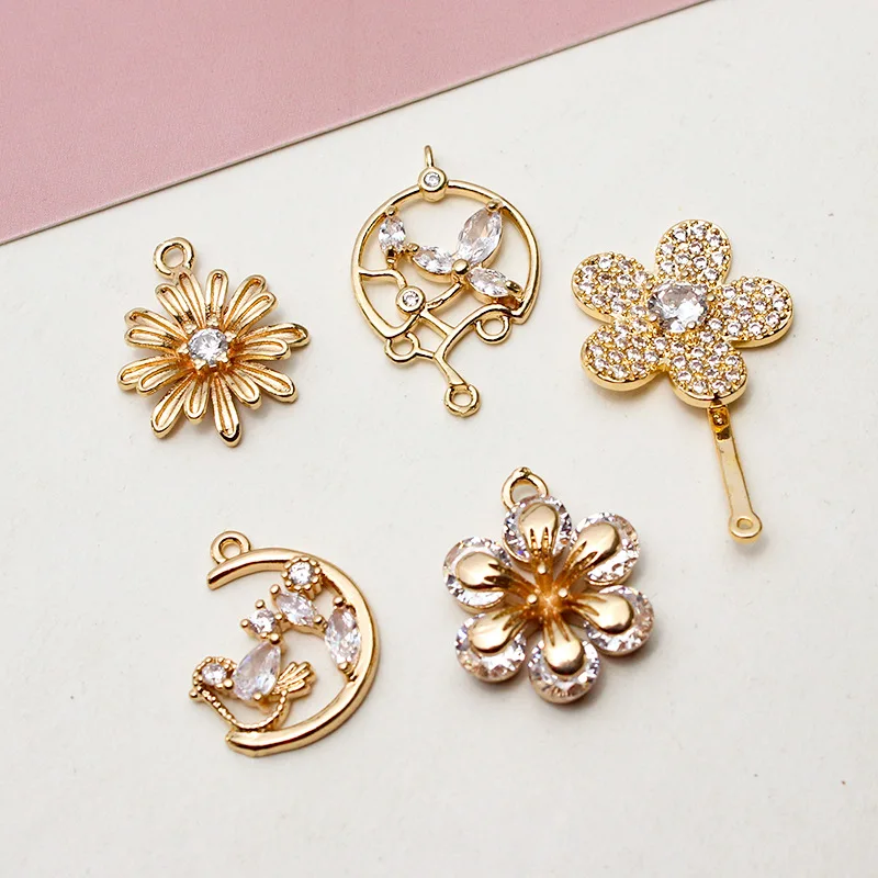 6pcs Copper Gold Plated With Zircon Flower Pendant Diy Jewelry Accessories Earrings Material Charms For Jewelry Making