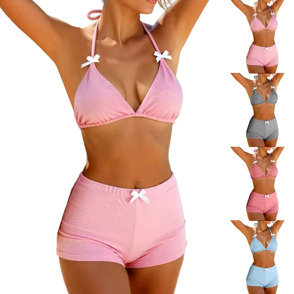 

Womens Bikini Sets Adjustable Halter Deep V Swimsuits Tie Back Bathing Suit Shorts Bow Decorate Solid Color Two Piece Swimsuit