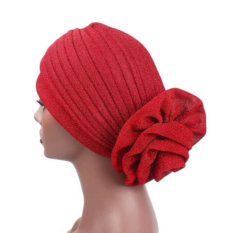 Women\'s Muslim Hijabs Big Flower Turban Elastic Shiny Hair Bands Hat Beanie Ladies Solid Hair Loss Scarf Cap Hair Accessories