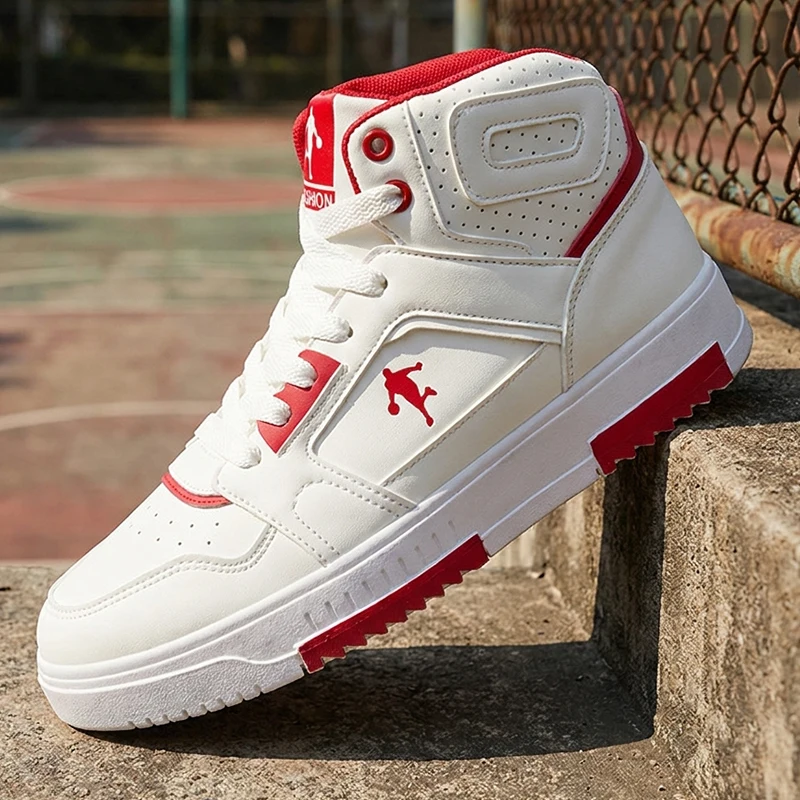 Men's White High-Top Color Block Sneakers, Lace-Up Casual Skate Shoes for Streetwear view 2