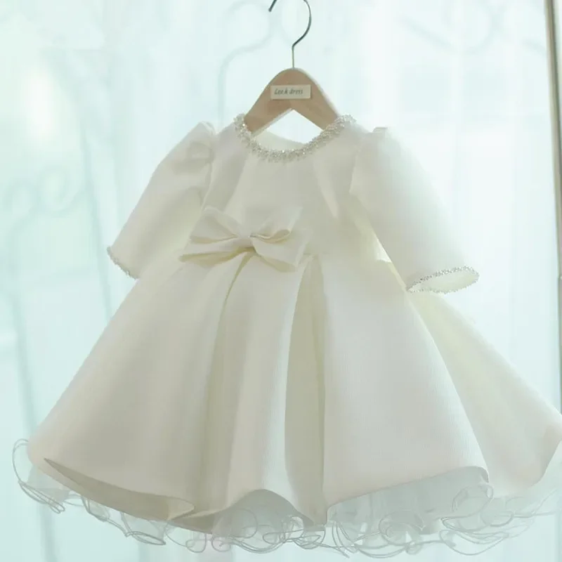 

Beaded Tulle Baby Girl Dresses For Wedding Princess Baby Girls Baptism Christening Clothes Long Sleeve 1st Birthday Party Gown