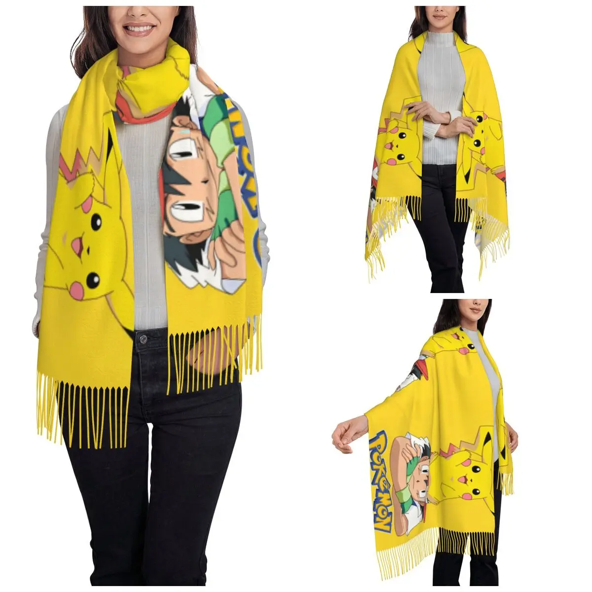 Pokemon Pikachu Anime Shawls Wraps for Ladies Winter Large Soft Scarf Cute Cartoon Game Pashmina Tassel Scarves