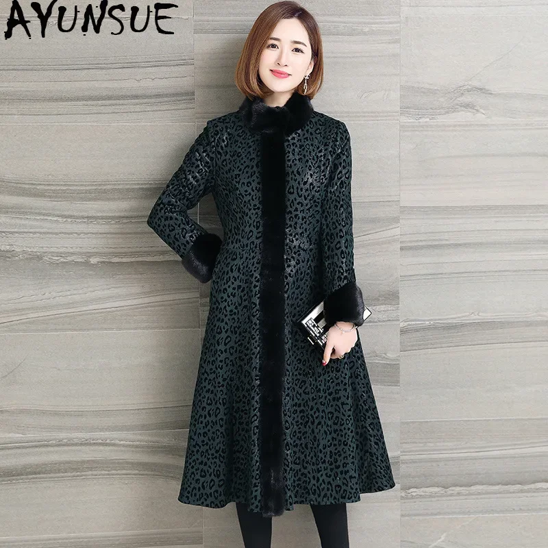 

AYUNSUE Real Leather Jacket 2020 Winter Jacket Women Mink Fur Collar 100% Sheepskin Coat Female Korean Long Coats clothes MY