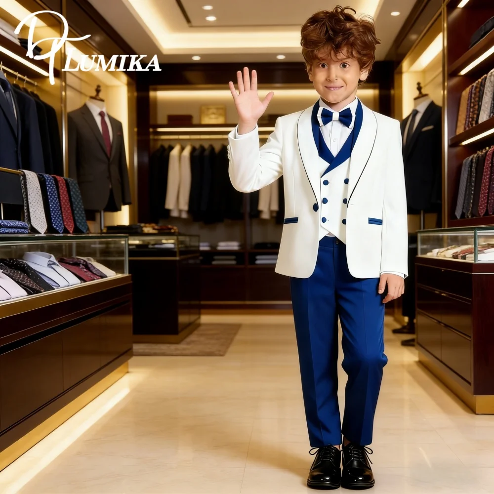 

Быстрая доставка, новогоднее праздничное белое, синее контрастное костюм для мальчиков, стильный костюм для мальчиков с украшением, детский комплект смокинга, пиджак, жилет, брюки