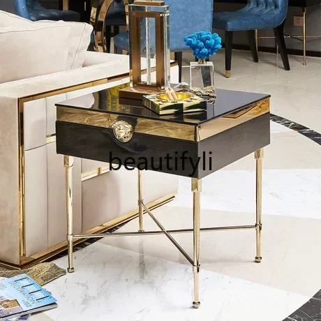 

Stainless steel edge corner table light luxury modern simple sofa side table designer high-end marble small coffee table