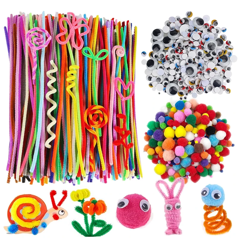 200 pompom balls, 200 adhesive eyes,100 chenille stems, DIY Materials for Kids Aduilt Handmade Art Craft Gifts for Boys Girls