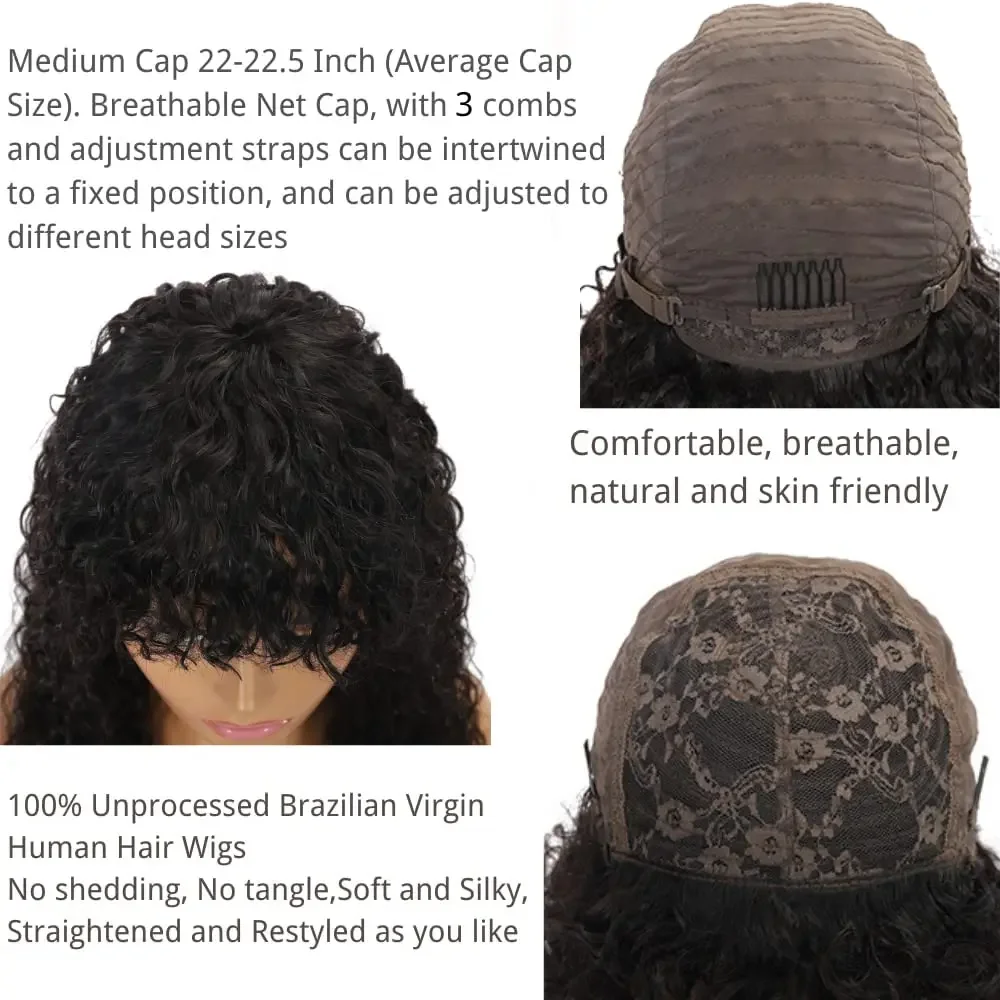 Perucas Curtas com Franja para Mulheres Negras, 100% Remy Cabelo Humano, Feito à Máquina Completa, Pronto para Ir, Onda de Água, Sem Cola