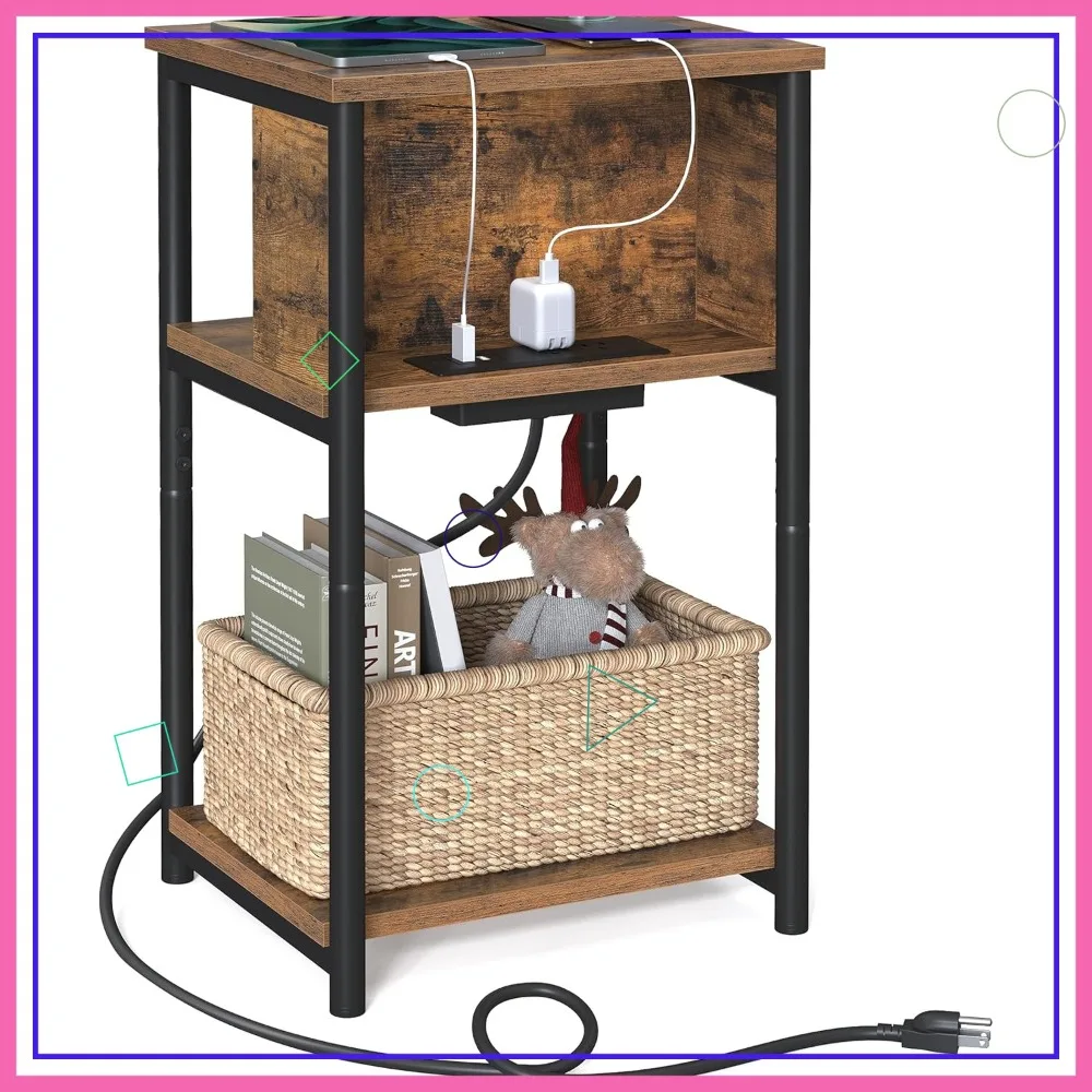 

3-Tier Charging Side Table with USB Ports & Outlets, Slim Nightstand for Bedroom Living Room, Rustic Brown