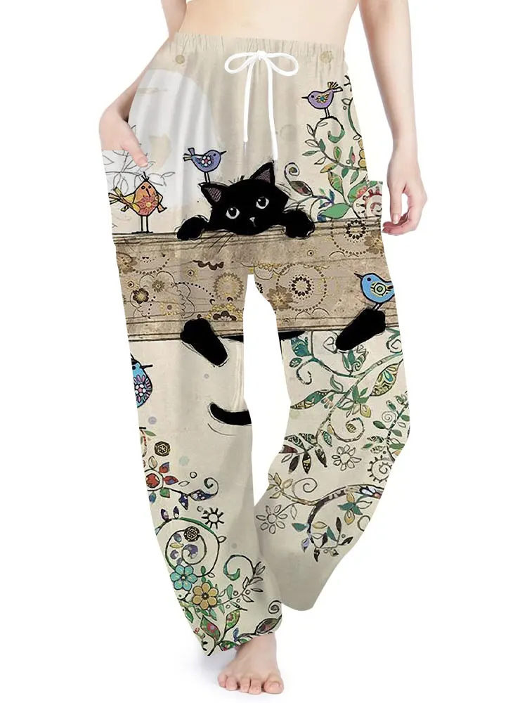 Summer Fall Ladies Bohemian Holiday Pants Bohemian Print Pants Casual Fashion Avant-garde Card Fashion Pants Cat Print