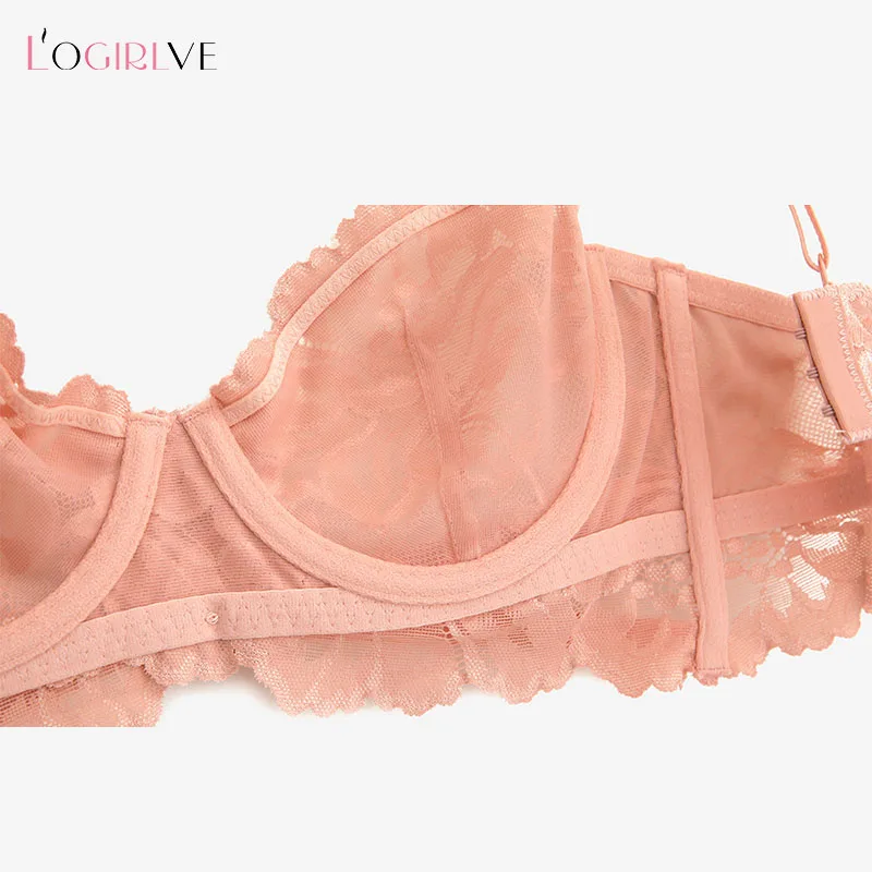 Logirlve-Ensemble de sous-vêtements en dentelle brodée ultra-mince pour femmes, soutien-gorge push-up, culotte à bretelles sexy, lingerie