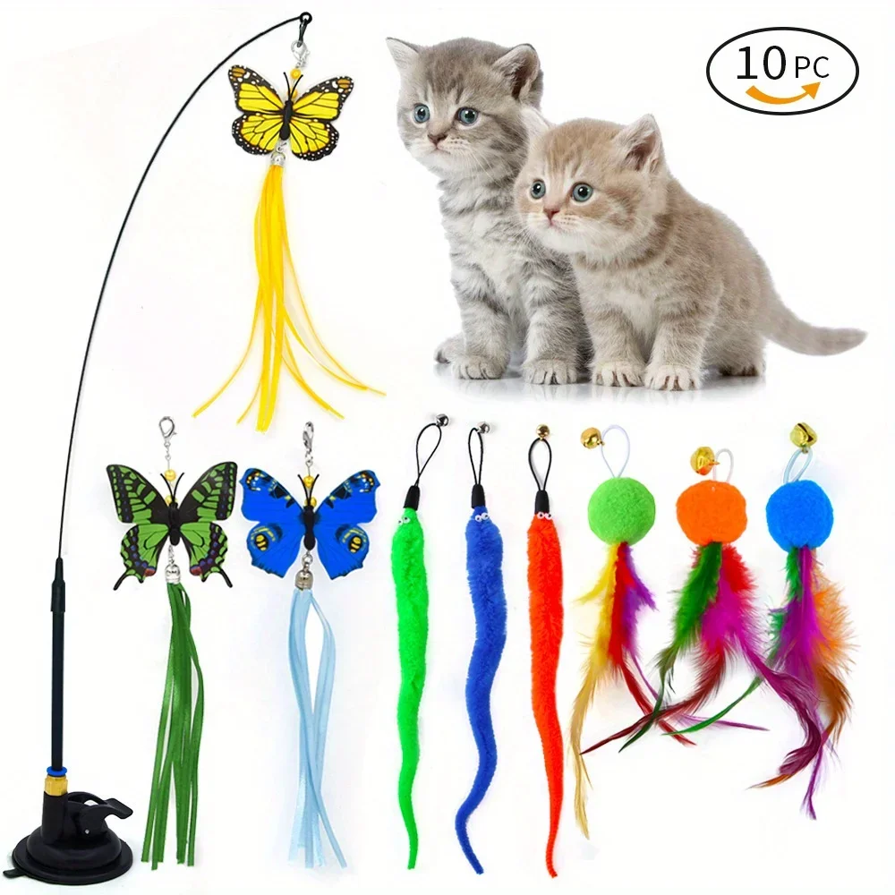 

10 Pack Interactive Cat Toy Handfree Cat Stick Playing Kitten Playing Teaser Wand Toy Suction Cup Bird/Feather Cat Wand Toys Set