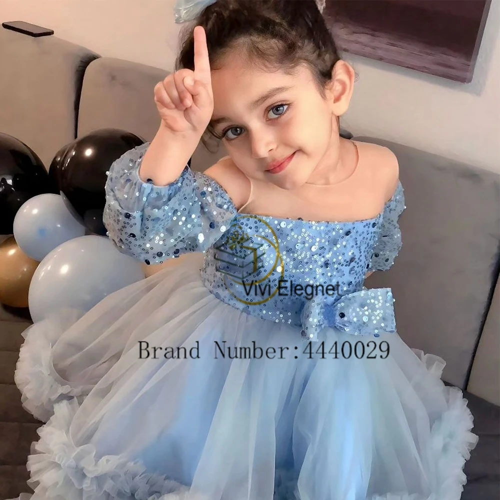 

Sky Blue Flower Girls Dresses for Kids 2024 Summer New Off Shoulder New A Line Christmas Gowns with Sequined فلور فتاة اللباس