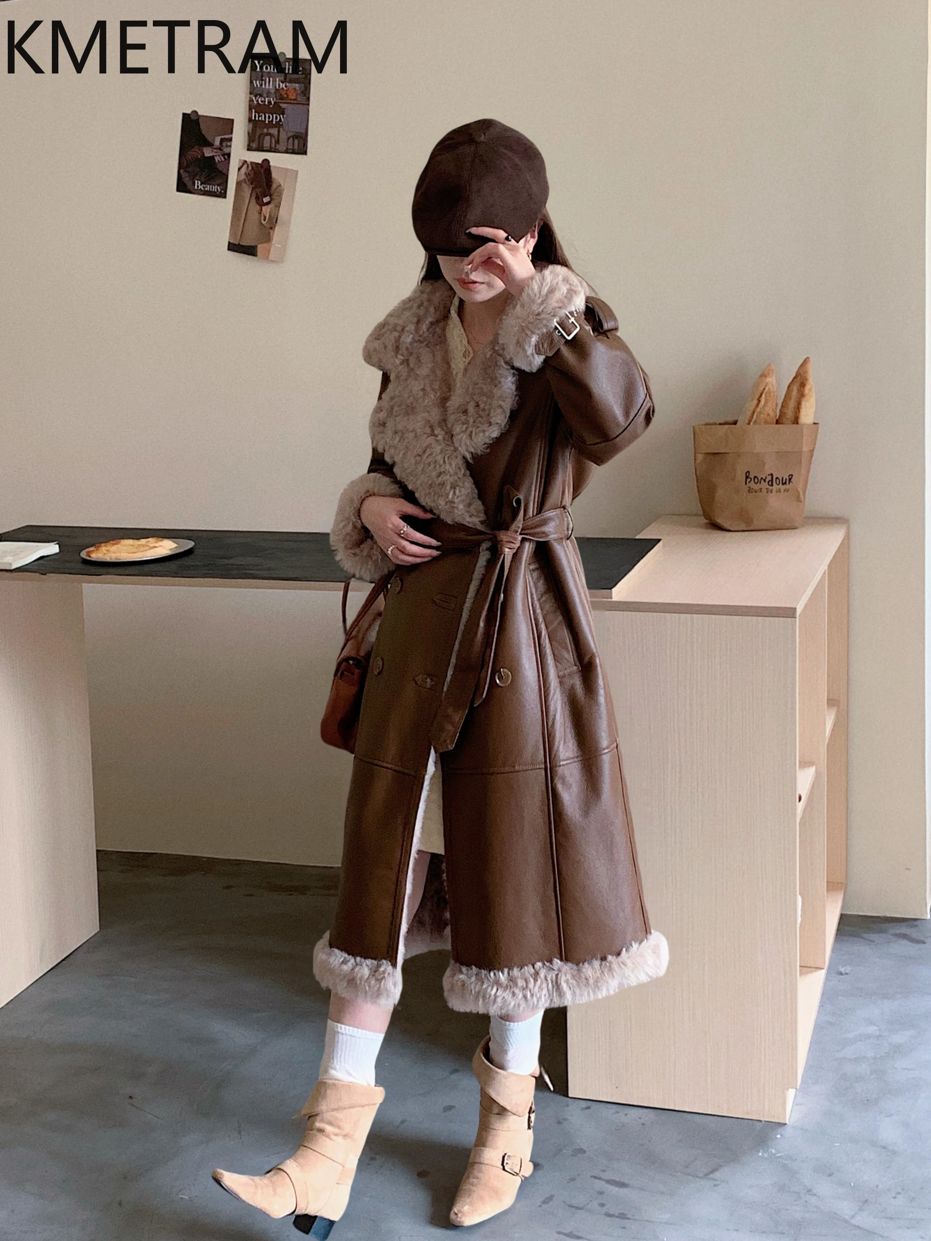 KMETRAM Natural Sheepskin with Wool Attached Coat Women Luxury Long Real Fur Coats New in Outerwears Winter Woman Clothing шуба