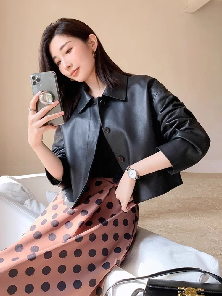 

Casual Black Genuine Leather Jackets for Women Spring Autumn 2026 New High-end Simple Loose Soft Short Real Sheepskin Coat