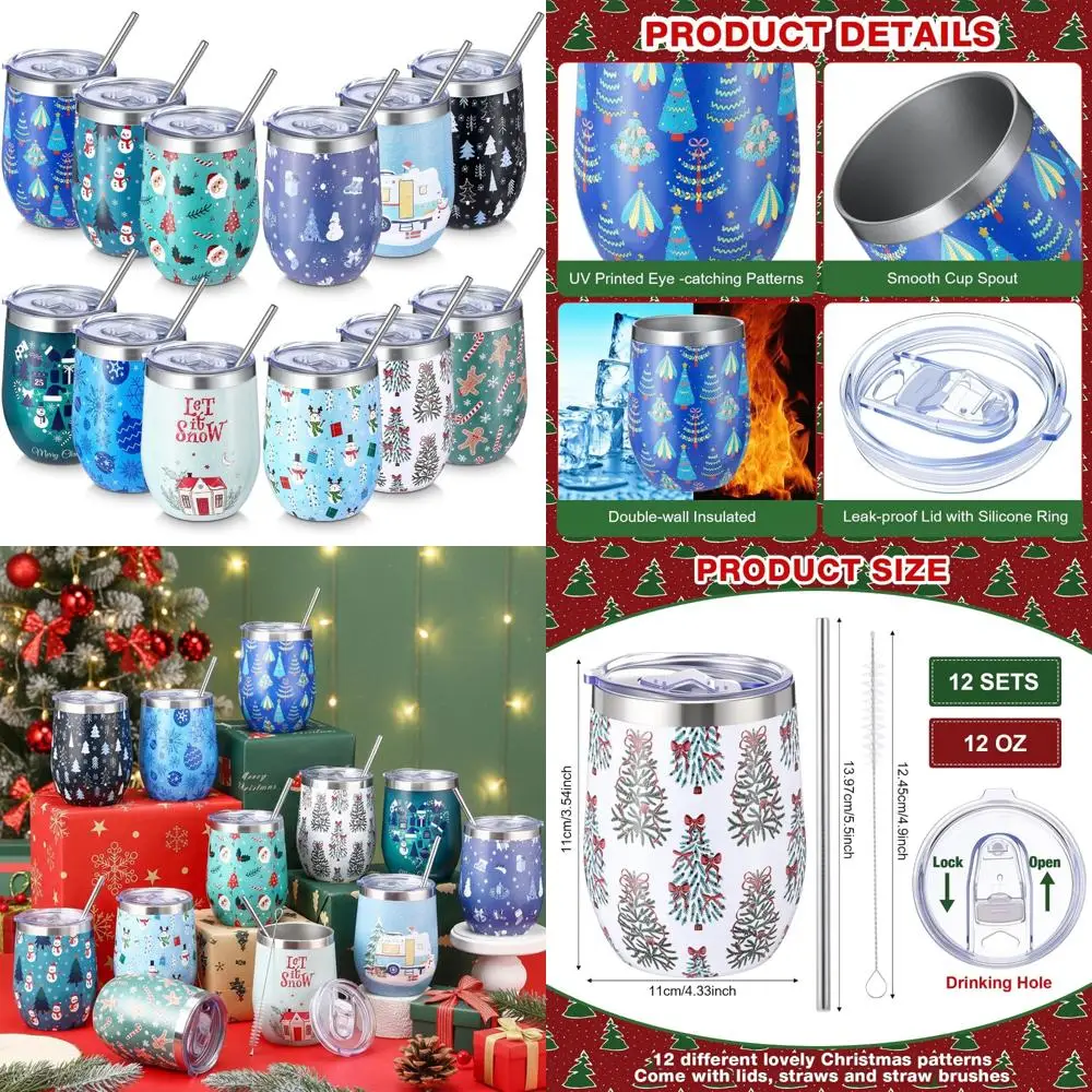 

Christmas Stainless Steel Wine Tumblers - 12 oz Set with Straws and Brush, Festive Santa and Elk Design for Gifts