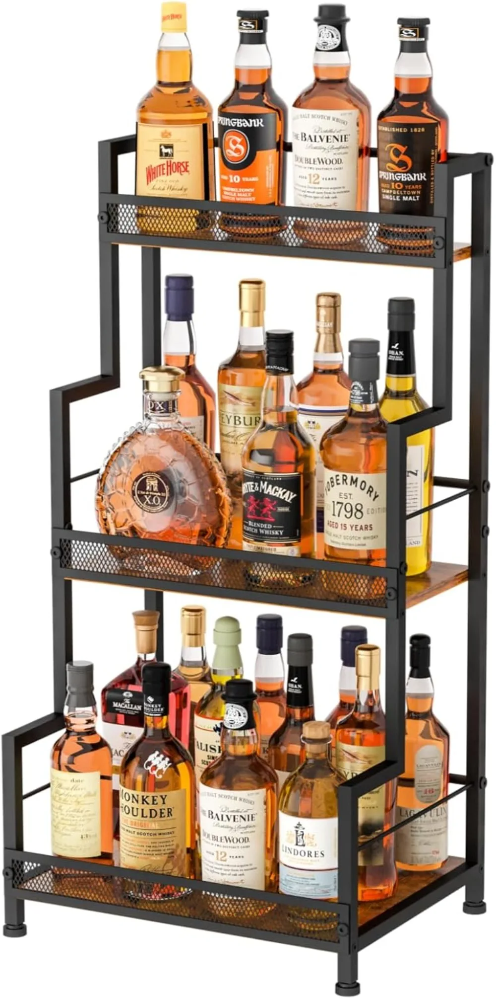 

3-Tier Trapezoid Wine Rack, Freestanding Liquor Cabinet for Home Bar Display with Adjustable Feet