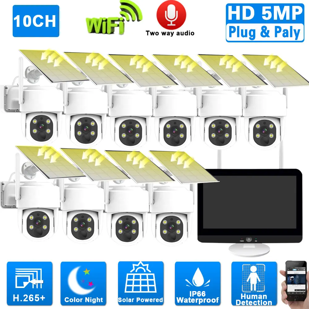 

8CH 5MP Solar Wireless CCTV Security Sytem 12.5 LCD Screen Monitor NVR Kit Wifi PTZ Cmaera Video Surveillance System Kit 10CH