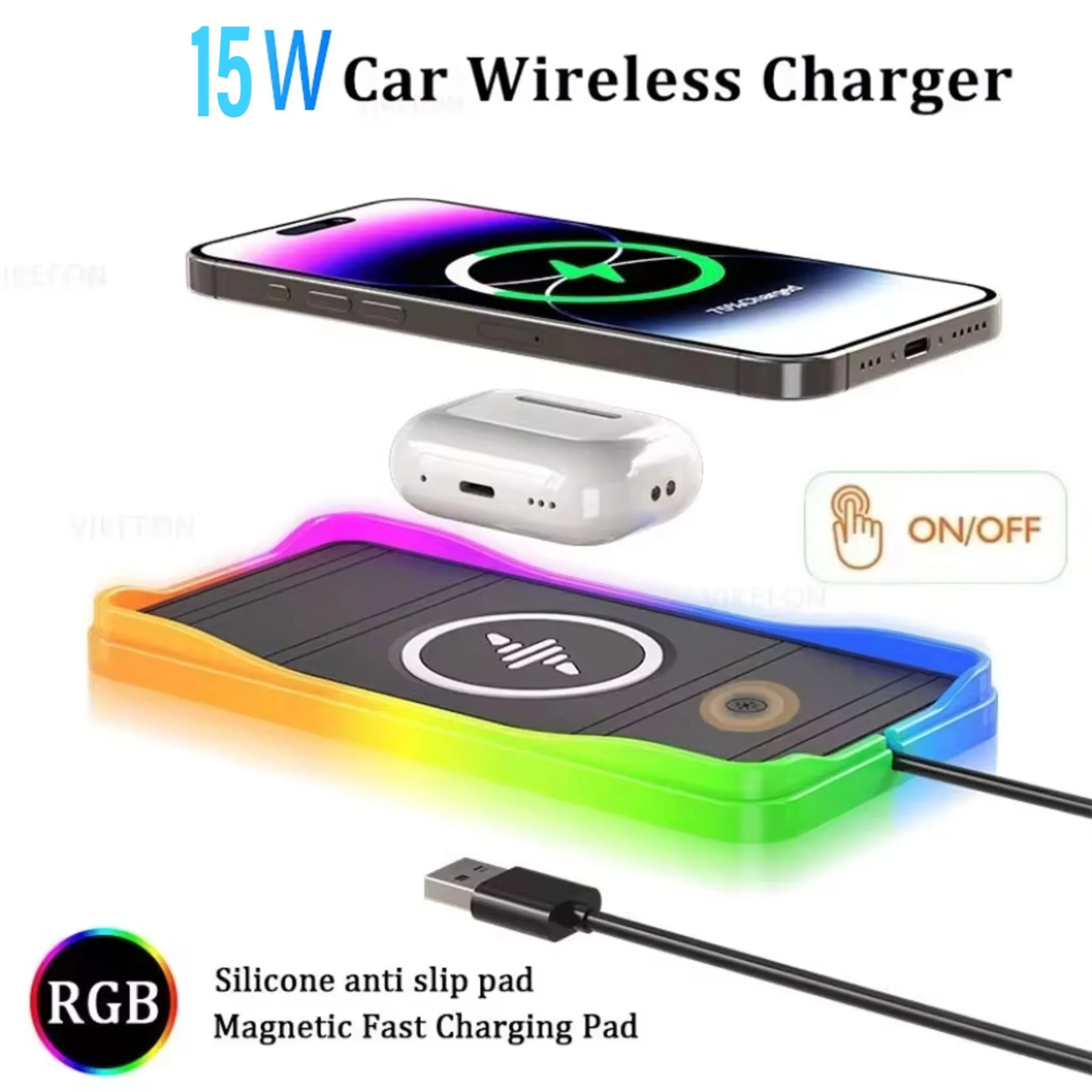 

Беспроводное зарядное устройство для автомобиля 15 Вт с RGB-подсветкой, противоскользящим основанием и держателем для телефона, для iPhone 16-12, Samsung, Xiaomi, AirPods Pro 2, быстрая зарядка