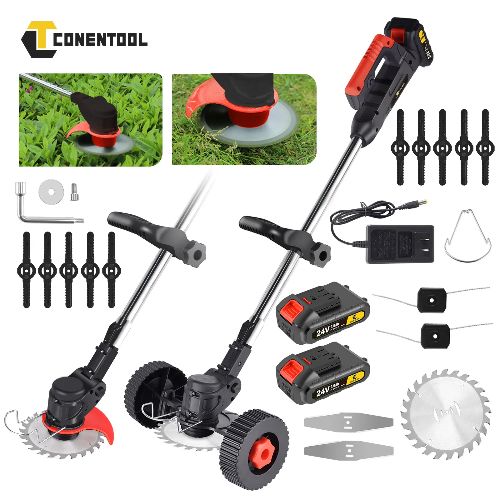 Conentool 24V Cordless Strimmer – Grass Trimmers with 2x2000mAh Batteries and 15 Blades, Lawn Mower for Garden