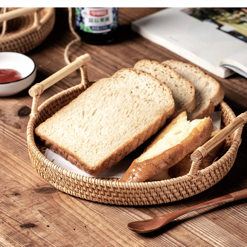 

Japanese woven binaural tray breakfast bread with handle basket dessert frame retro handmade fruit snack CN(Origin)