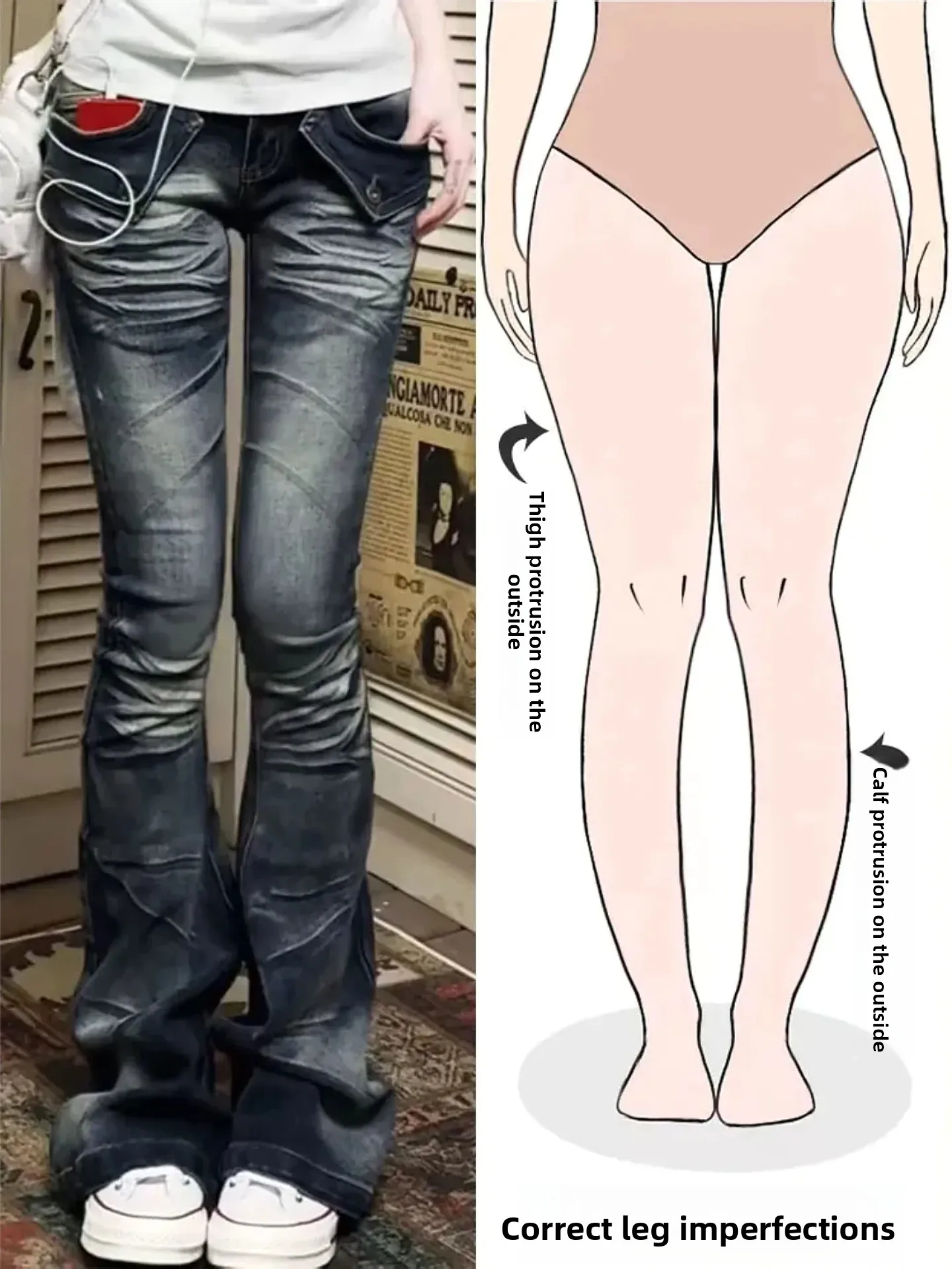 

Slim Fit High Waist Bell Bottom Denim Jeans Women's Retro Washed American Style Pear Shaped Body Long Pants Street Style Casual