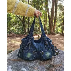 сумка женская Denim Retro Unisex  Large Capacity Multiple Pockets Blue Shoulder Messenger Crossbody Bags Tote Jean Lady Purse