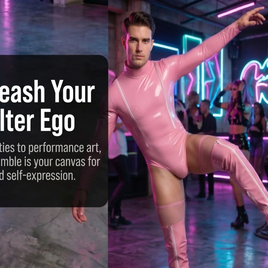 Bild 7: Herren Glänzender PU-Leder Einteiler Sexy Bühnen-Performance-Outfit Stylisch