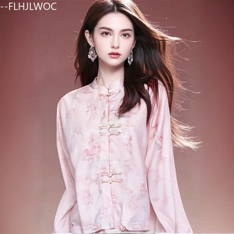 

New Year Chinese Style Chi-pao Stand Collar Design Tops Blouses Woman 2025 Autumn Retro Vintage Comfortable Button Basic Shirts