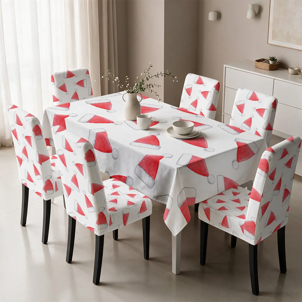 Christmas Santa Hat Tablecloth and Chair Covers Festive Dining Decor for Holiday Party Table Setting
