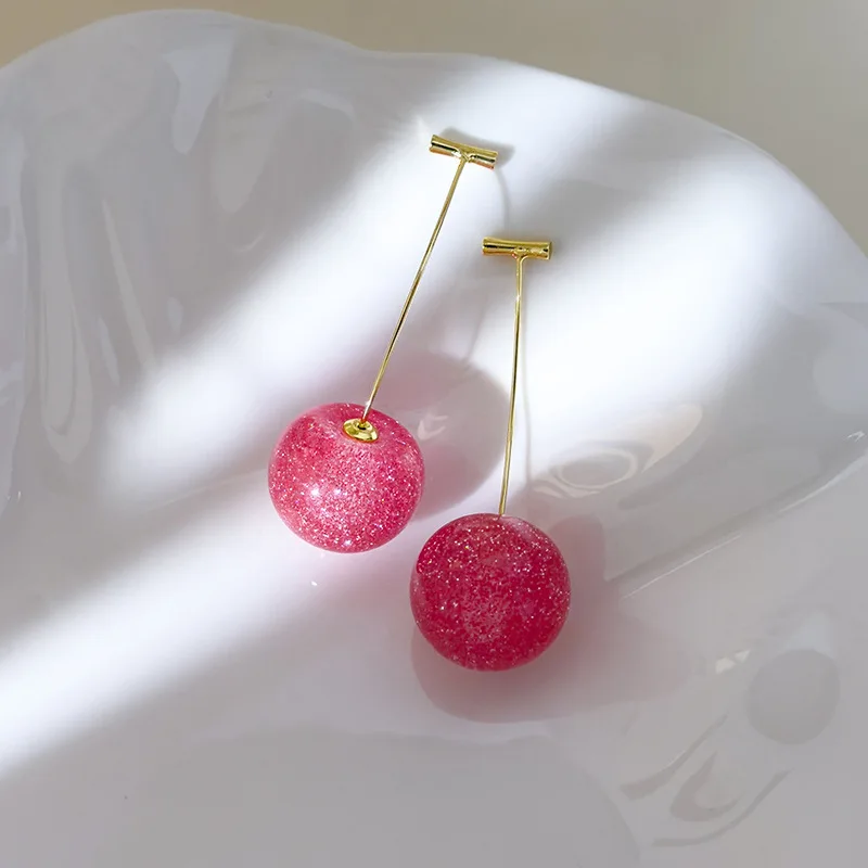 Cherry Earrings Sparkle Resin Transparent with Gold Powder Lightweight Durable Chic for Women Cute Stylish Premium
