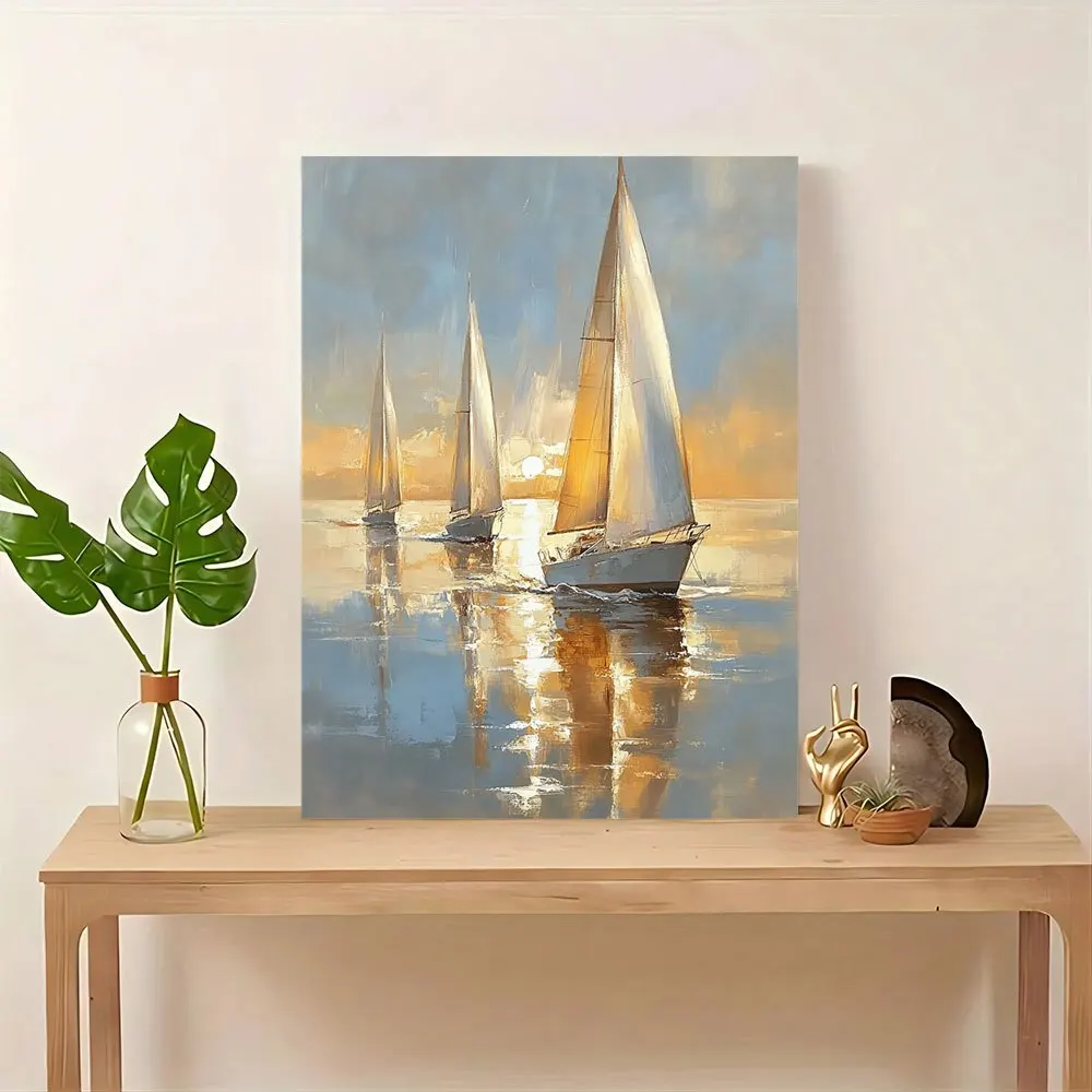 Charmante zeilboot op zee - zachte pastelcanvaskunst, ingelijst in hout, geschikt voor woondecoratie en geschenken