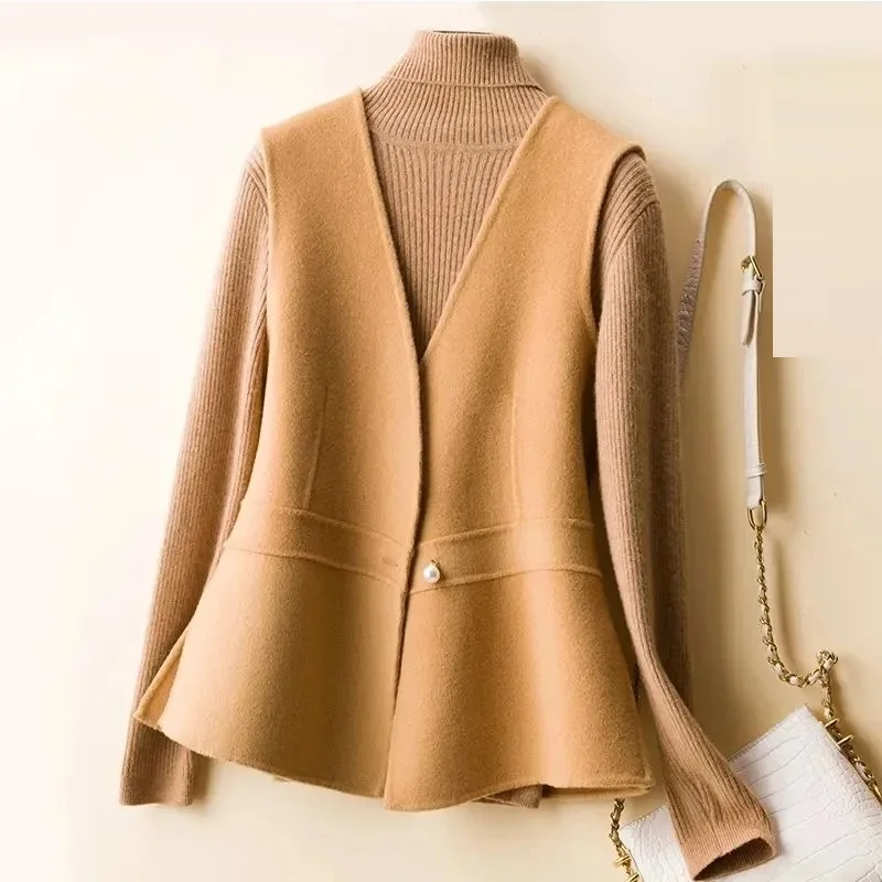 

Women's Simplicity V-neck woolen Vests Autumn and Winter New Fashion Solid Color Sleeveless Cardigan Button Patchwork Coats