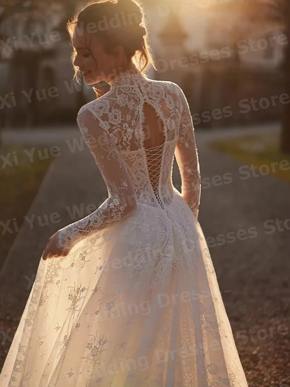 Gorgeous A Line Women's Pretty Lace High Neck Long Sleeve Wedding Dresses Vestido De Novia Bride Gowns Customized Robe De Mariée