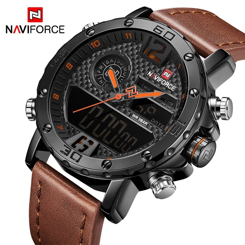 NAVIFORCE – Montre de sport pour homme, marque de luxe en cuir, à Quartz et affichage numérique LED, horloge étanche et style militaire pour