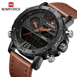 NAVIFORCE – Montre de sport pour homme, marque de luxe en cuir, à Quartz et affichage numérique LED, horloge étanche et style militaire pour monsieur,montre luxe homme,horloge,montre sport homme,montre sport homme