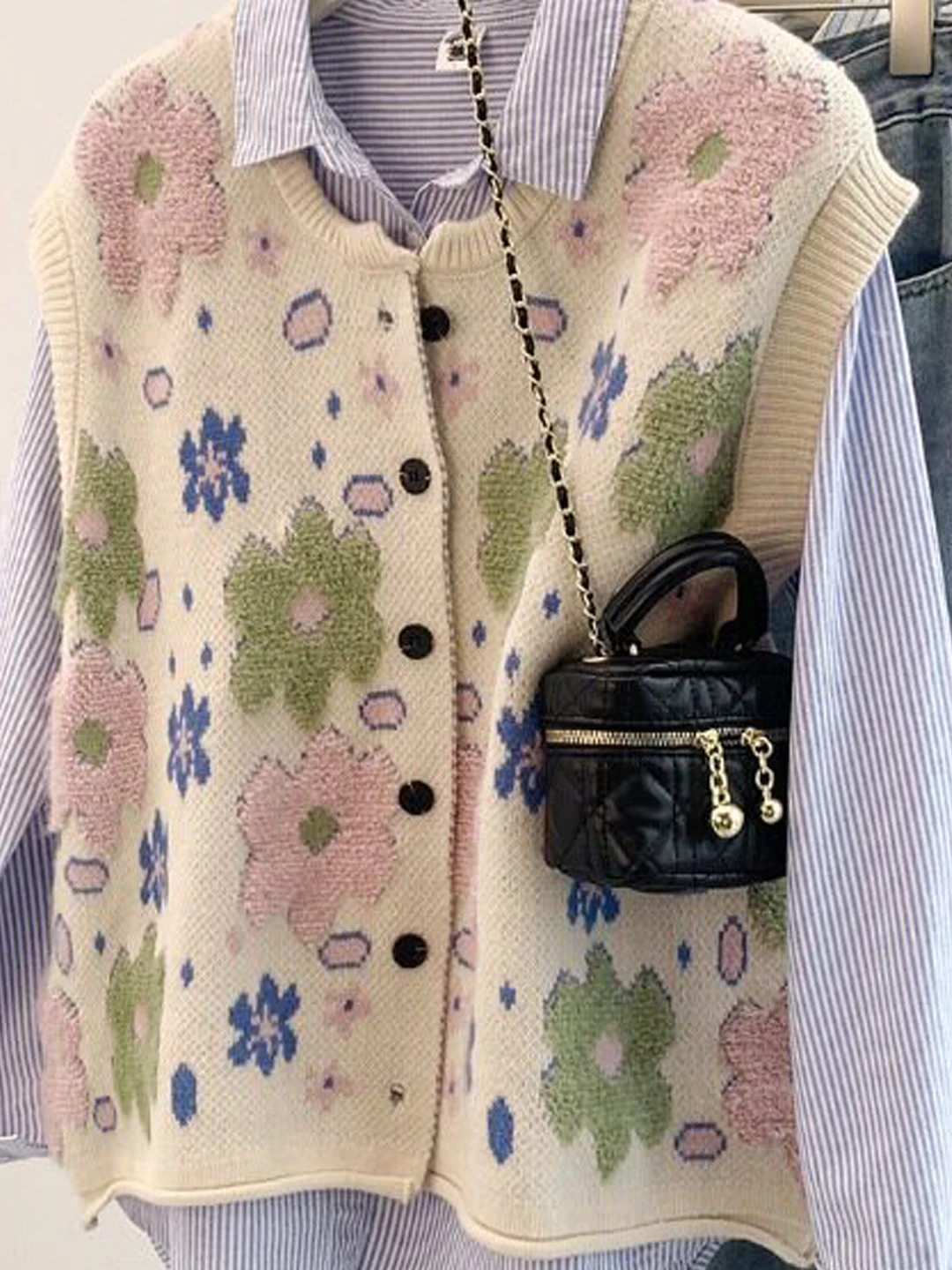 Korean Style Embroidered Flower Knitted Cardigan Vest Women's plus Size Autumn Early Layering Top Age Reversing Outerwear
