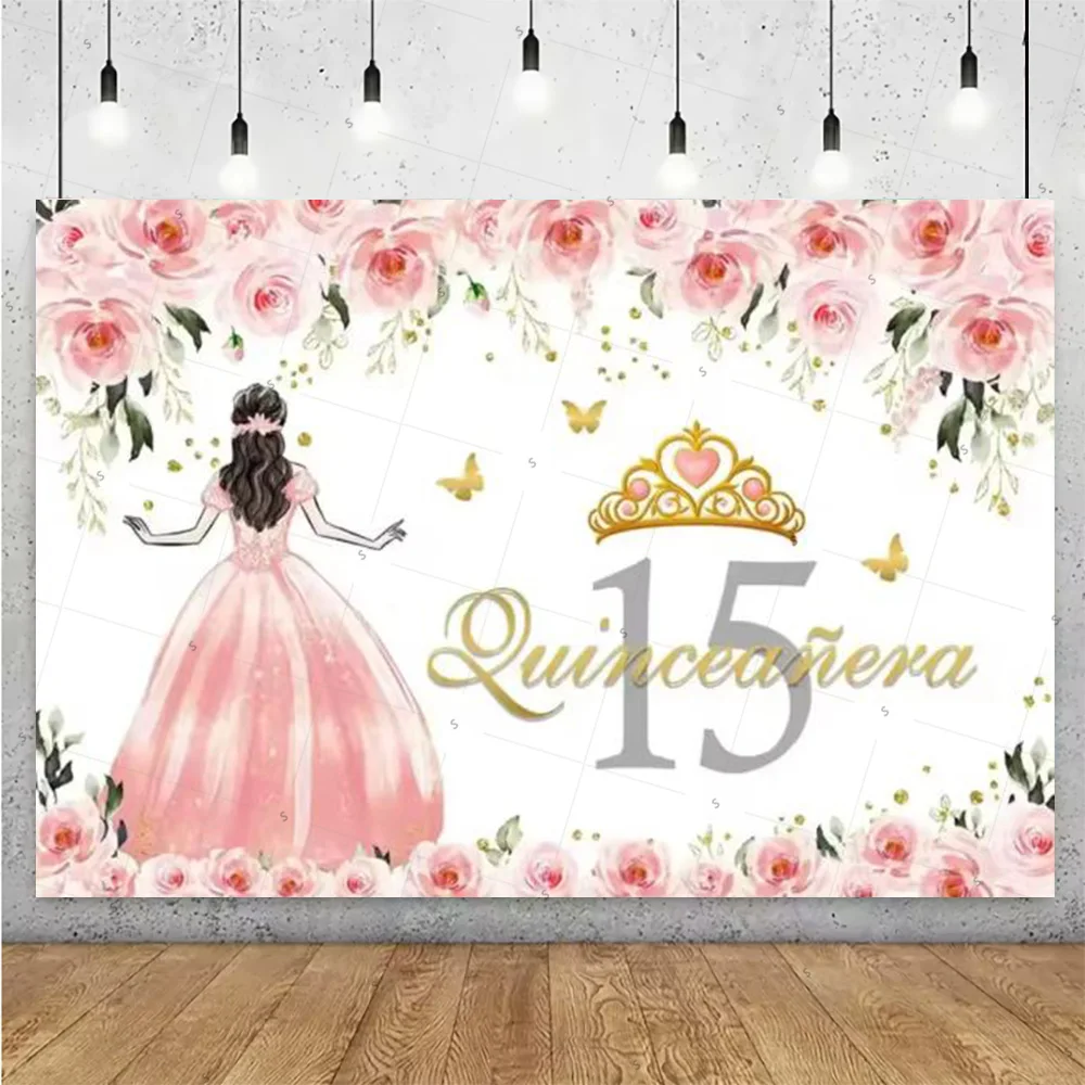 อุปกรณ์ตกแต่งงานวันเกิดเจ้าหญิงอายุ 15 ปี ชุดเดรสเด็กผู้หญิง ฉากหลัง มงกุฎกลิตเตอร์ พื้นหลังดอกไม้ อุปกรณ์ประกอบฉากถ่ายภาพ