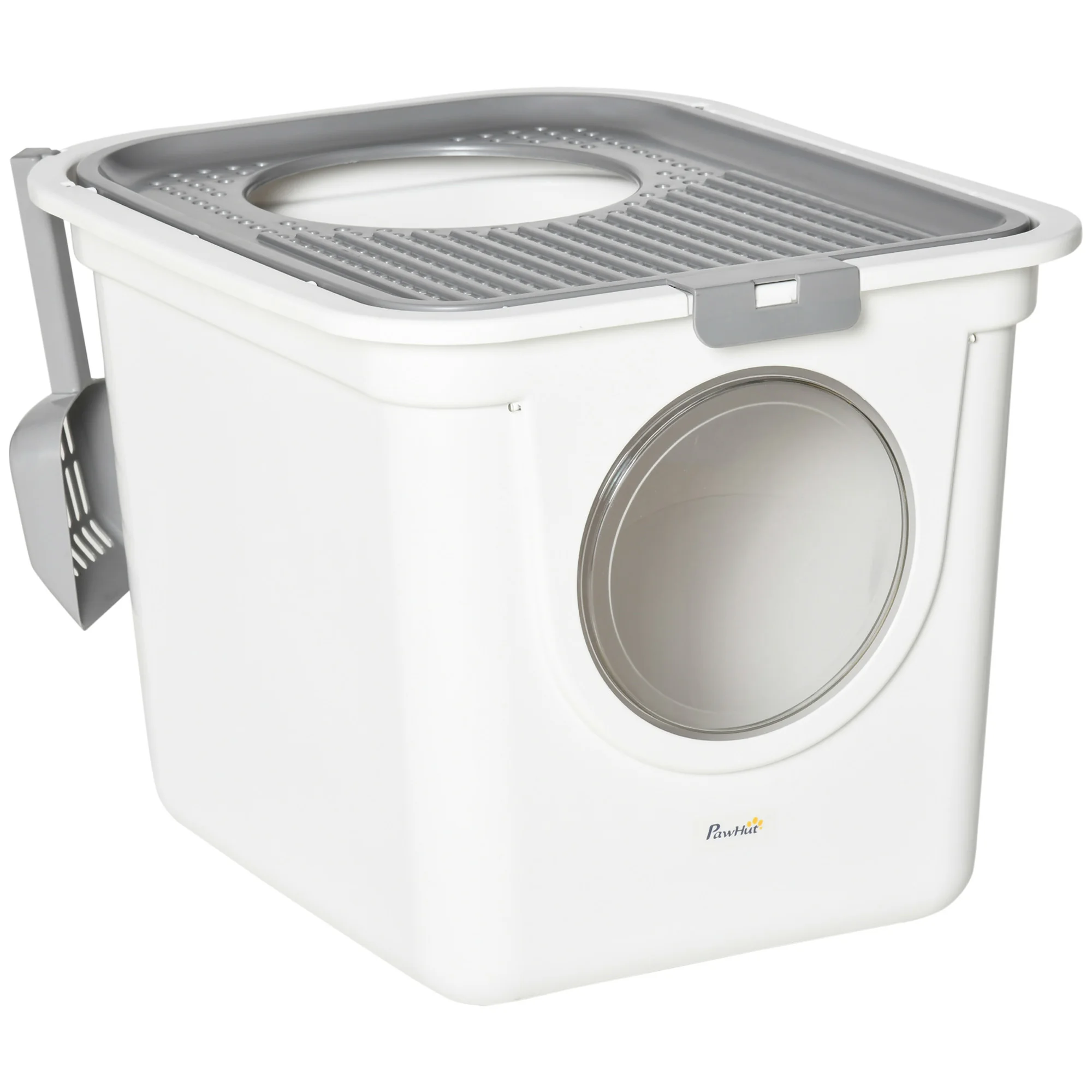 PawHut Arenero para Gatos Cubierto con Pala Inodoro para Gatos con 2 Puertas Principal y Superior 44x55x39 cm Blanco y Gris