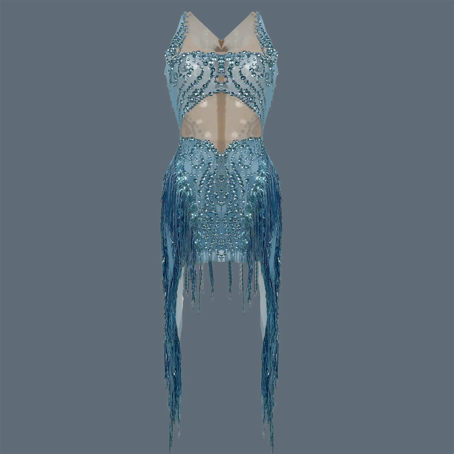 

Блестящее синее мини-платье с бахромой из страз для выступлений, модный наряд для сцены, женское платье для вечеринок, танцевальных шоу, клубное сексуальное платье Shuiling