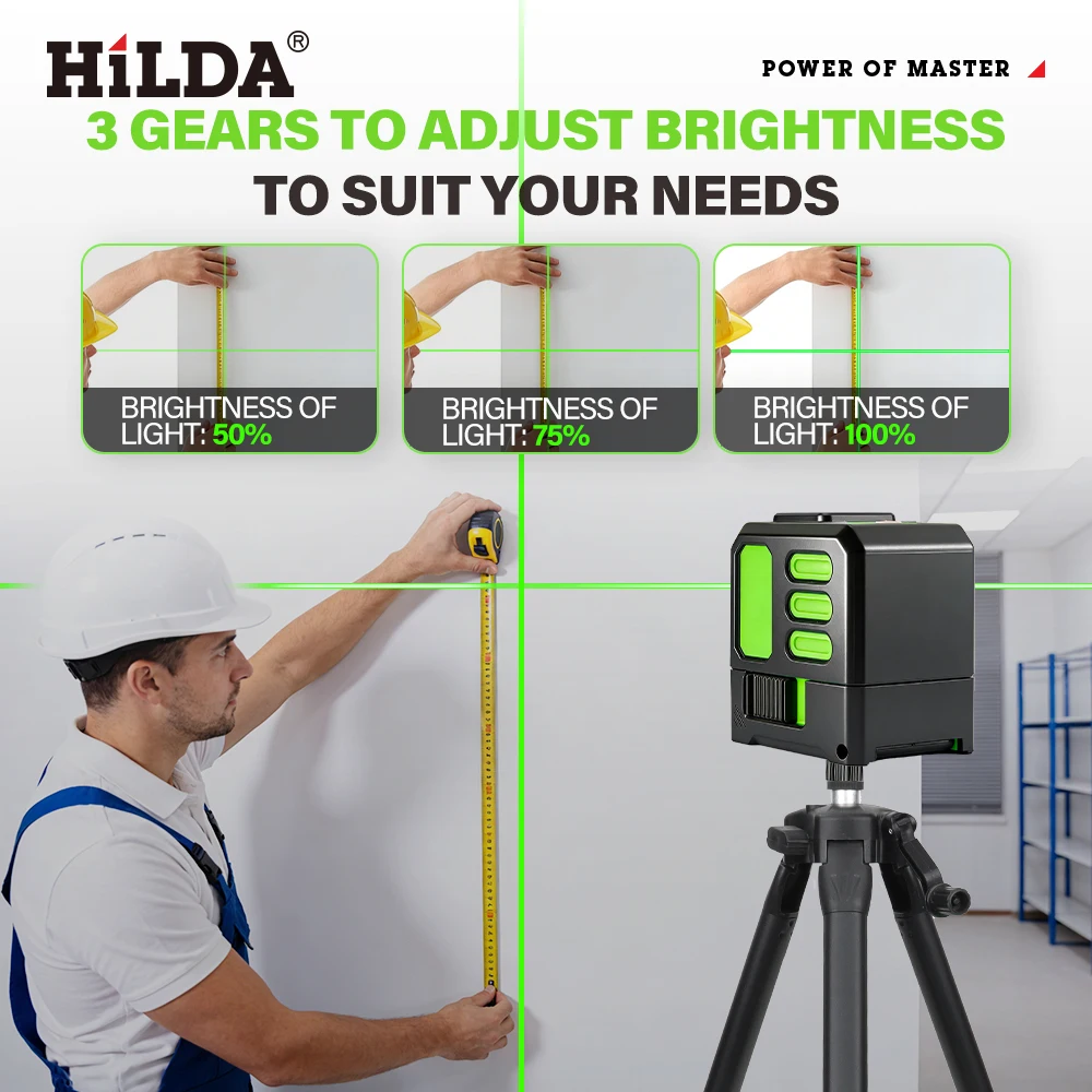 HILDA Laser Level Green 2 Lines Level Ip55 15M Self-Leveling Horizontal & Vertical Cross Super Powerful Measuring Tools ﻿