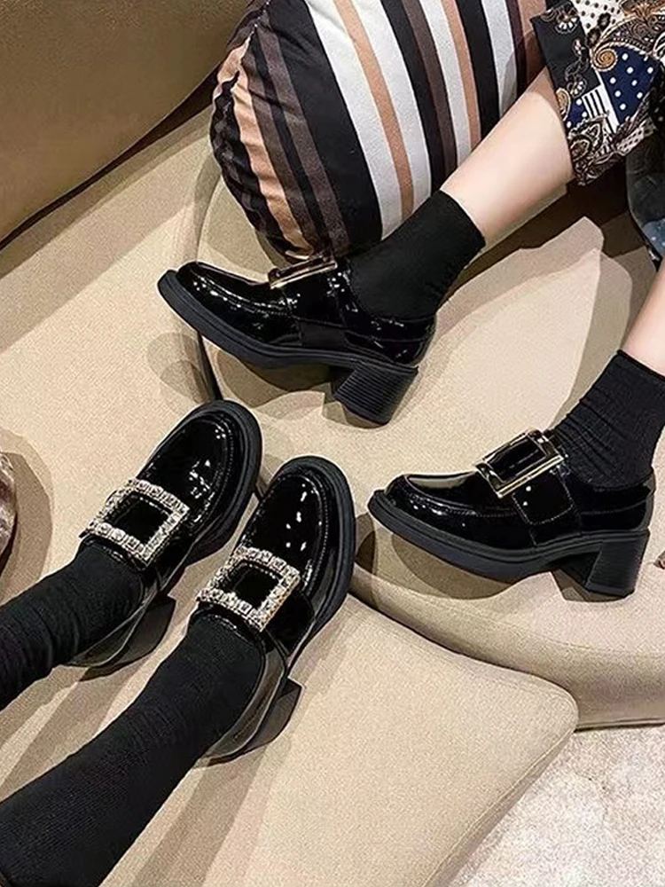 Advanced 2024New Lefu Shoes High Heel Thick Sole British Style Small Leather Shoes Women's Thick Heel Square Buckle Single Shoes