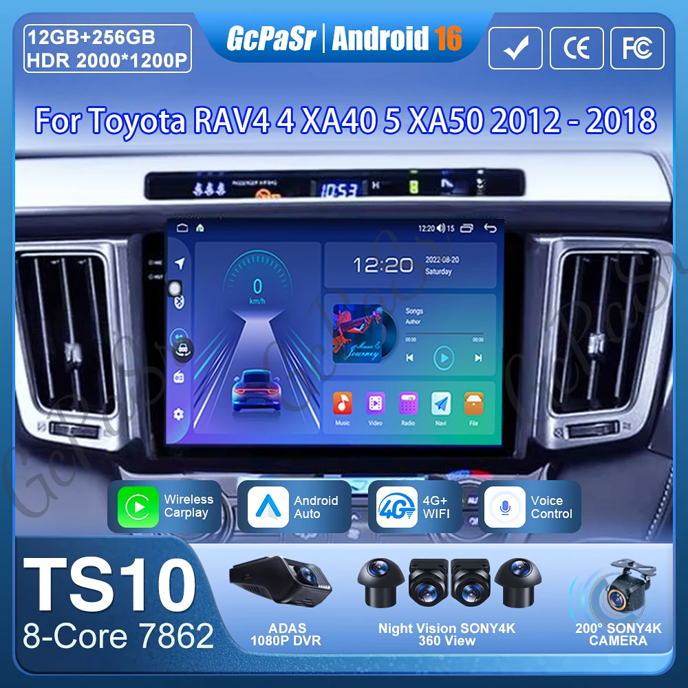

For Toyota RAV4 4 XA40 5 XA50 2012-2018 Car Radio Carplay Navigation GPS Android Auto Android 16 Display No 2din Stereo WiFi DVD