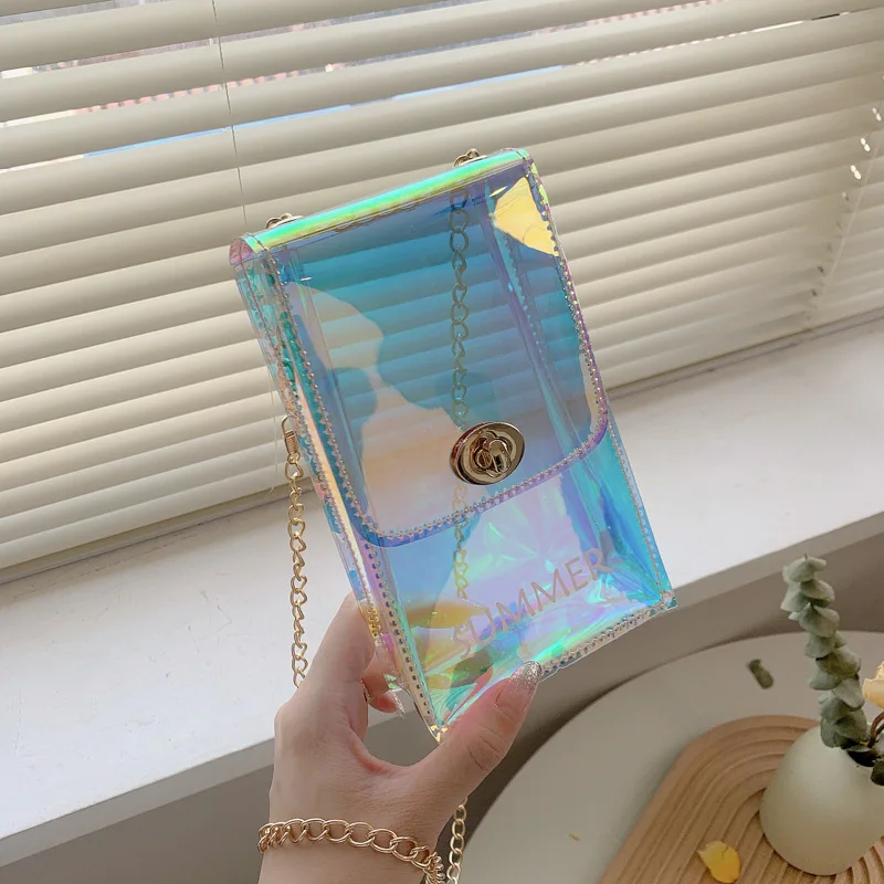 Fashion Mini Transparent Mobile Phone Bags for Women Small Laser Chain Shoulder Bags Korean Girls Lady Crossbody Handbags