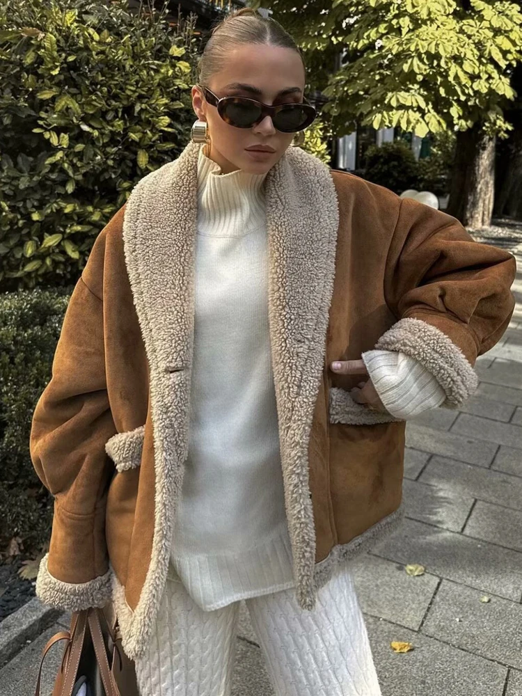 

Suede Lamb Wool Jackets for Women 2025 Winter Vintage Loose Coats Lady Chic Turndown Collar with Pockets New Outerwear