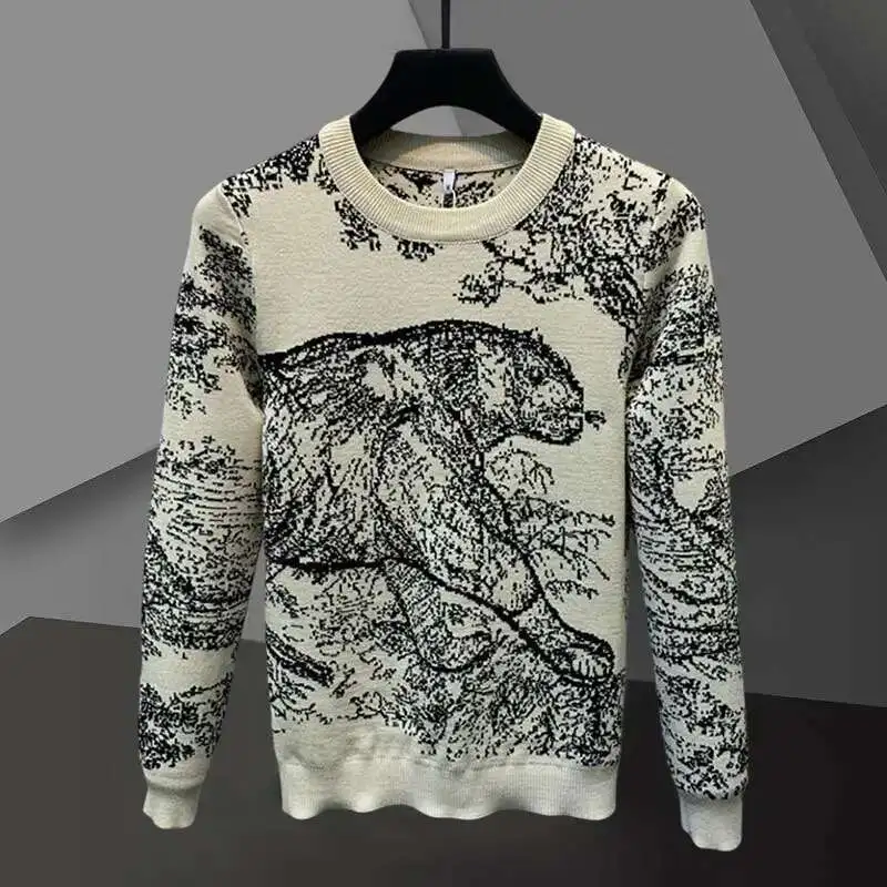 

Fall Slim Round Neck Tiger Pattern Long Sleeve Sweater Luxury British Versatile Pullover Sweater Fashion Knitted Sweater For Men