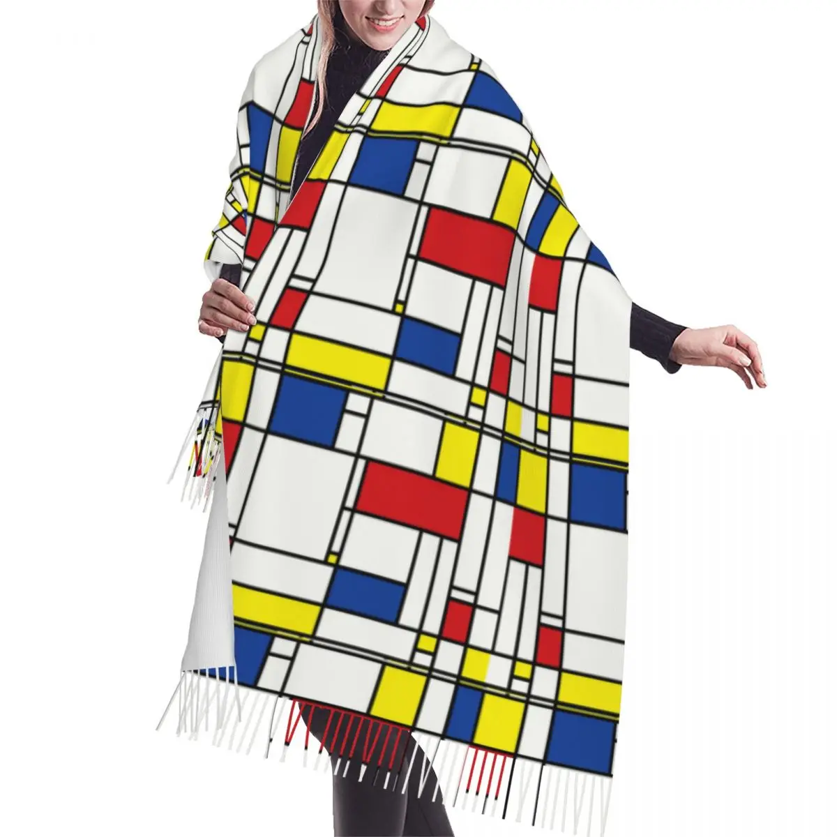 Piet Mondrian lenço minimalista para mulher, envoltório de arte moderna, xale longo, borla quente, unissex, lenços versáteis, inverno, outono