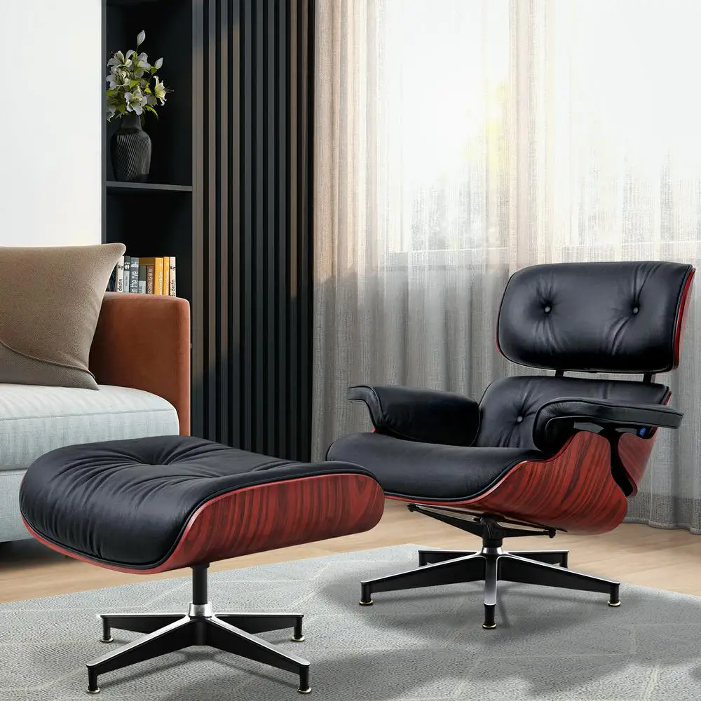 Living Room Top Grain Full Genuine Leather Lounge chair Furniture Swivel Armchair with Stool Ottoman US STOCK