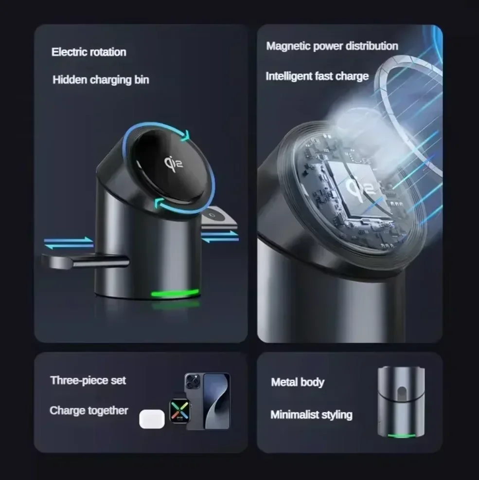 【Brand】 Alloy Shell Touch Spin Qi2 3In1 Magnetic Wireless Charger 15W Fast Charging Station For IPhone Samsung IWatch BT Earbuds